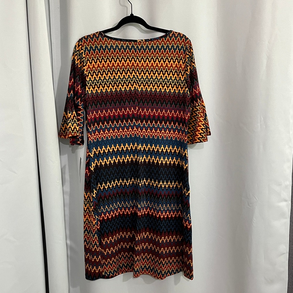 NEW‎ Ronni Nicole Zigzag Shift Dress Womens M Multi Geometric Bell Sleeve Office - Picture 3 of 13